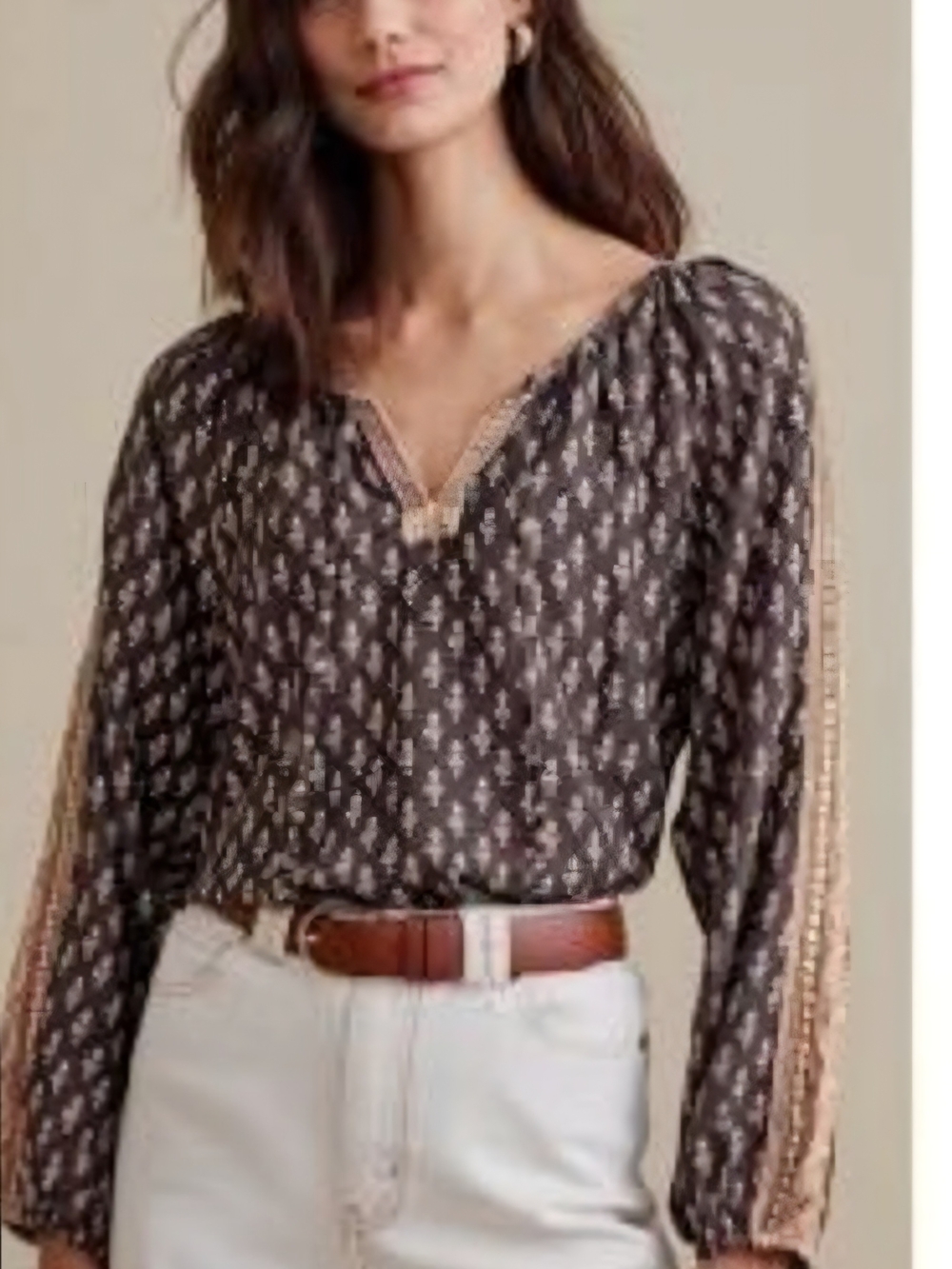 Brown Printed Long-Sleeve V-Neck Peasant Top